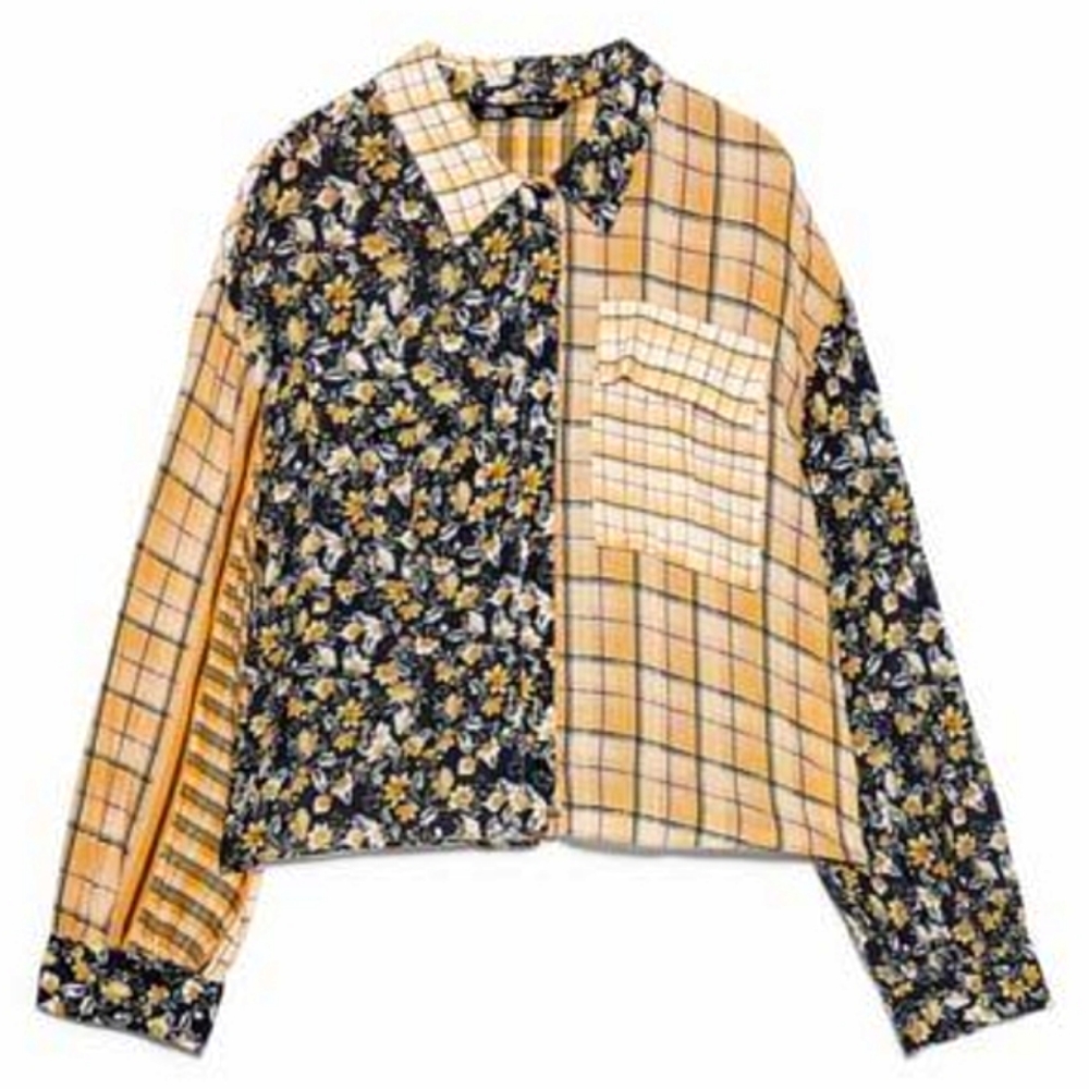 Zara Contrast Print Floral Plaid Button Front Blouse